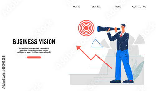 Business vision and career opportunity website concept with businessman, flat vector illustration. Personal growth, strategic business planning, goals and brand success.