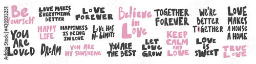 Vector hand drawn collection set of calligraphy lettering quotes and words. Pink and black color