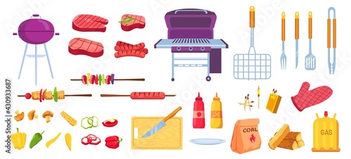 Cartoon grill and barbecue. Grilled food meat, sausages and vegetables. Cooking tools, grid, knife and skewer. Bbq picnic party vector set