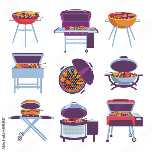 Cartoon barbeque grills. Bbq oven with fry food meat, vegetables, sausage and chicken. Outdoor mobile charcoal brazier designs vector set