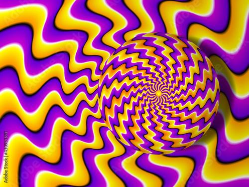 Yellow and purple background with rotating spher. Spin illusion.