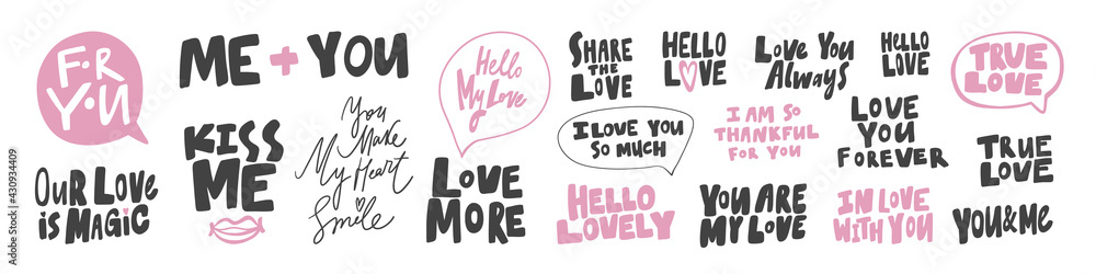 Vector hand drawn collection set of calligraphy lettering quotes and words. Pink and black color Vector hand drawn collection set of calligraphy lettering quotes and words. Pink and black color