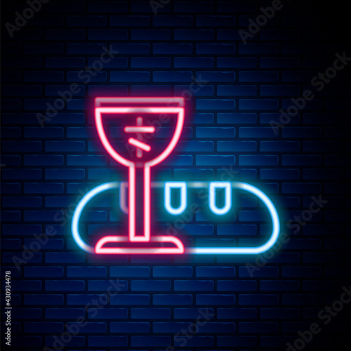 Glowing neon line First communion symbols for a nice invitation icon isolated on brick wall background. Colorful outline concept. Vector