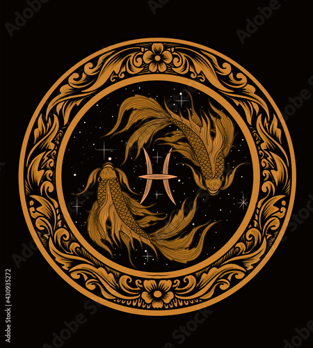 illustration vector pisces zodiac symbol with circle ornament