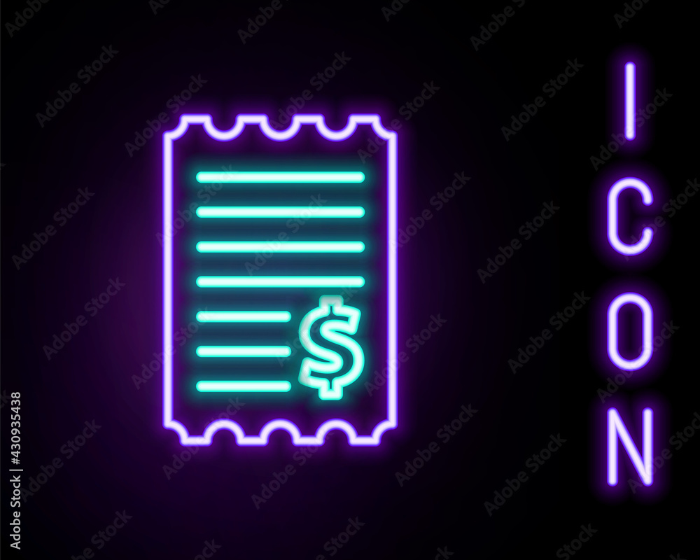 Glowing neon line Paper check and financial check icon isolated on black background. Paper print check, shop receipt or bill. Colorful outline concept. Vector Glowing neon line Paper check and financial check icon isolated on black background. Paper print check, shop receipt or bill. Colorful outline concept. Vector