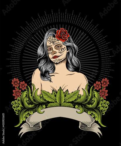 illustration vector sugar skull woman with antique engraving ornament