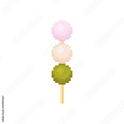 Pixel dango mochi balls. Pixel art green and pink mochi. Japanese dafuku in 8 bit retro style. Isolated vector.