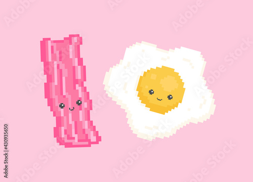 Pixel egg and beacon. Ham, beacon and fried egg pixel art illustration set. Vector retro game style egg and beacon strip characters with cute faces and smiles. pixel cute breakfast on pink background.