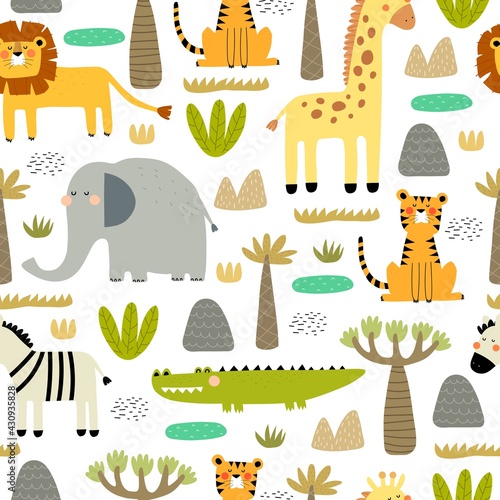 Seamless pattern with african animals, decor elements.  colorful vector for kids. hand drawing, flat style. baby design for fabric, print, textile, wrapper