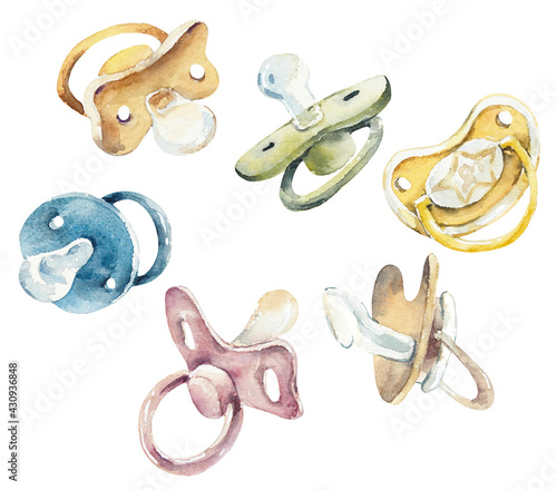 Baby's pacifiers. Multi-colored. Watercolor hand drawn illustration