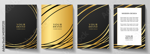 Modern creative cover, frame design set. Abstract wavy gold line pattern (bent curves) on premium black background. Creative stripe vector for certificate, brochure template, business booklet