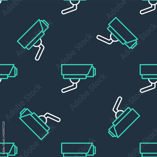 Line Security camera icon isolated seamless pattern on black background. Vector
