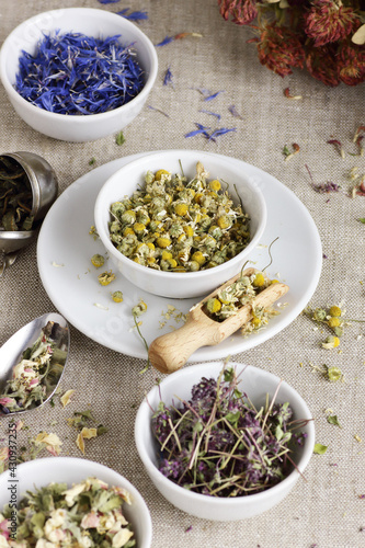 Assortment of dry herbs  chamomile  apple tree flowers  cornflower  lavender  thyme on rustic linen texture  closeup  natural medicine  naturopathy  homeopathy  making tea blends concept