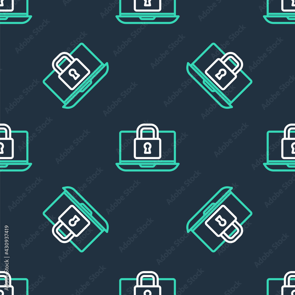 Line Laptop and lock icon isolated seamless pattern on black background. Computer and padlock. Security, safety, protection concept. Safe internetwork. Vector Line Laptop and lock icon isolated seamless pattern on black background. Computer and padlock. Security, safety, protection concept. Safe internetwork. Vector