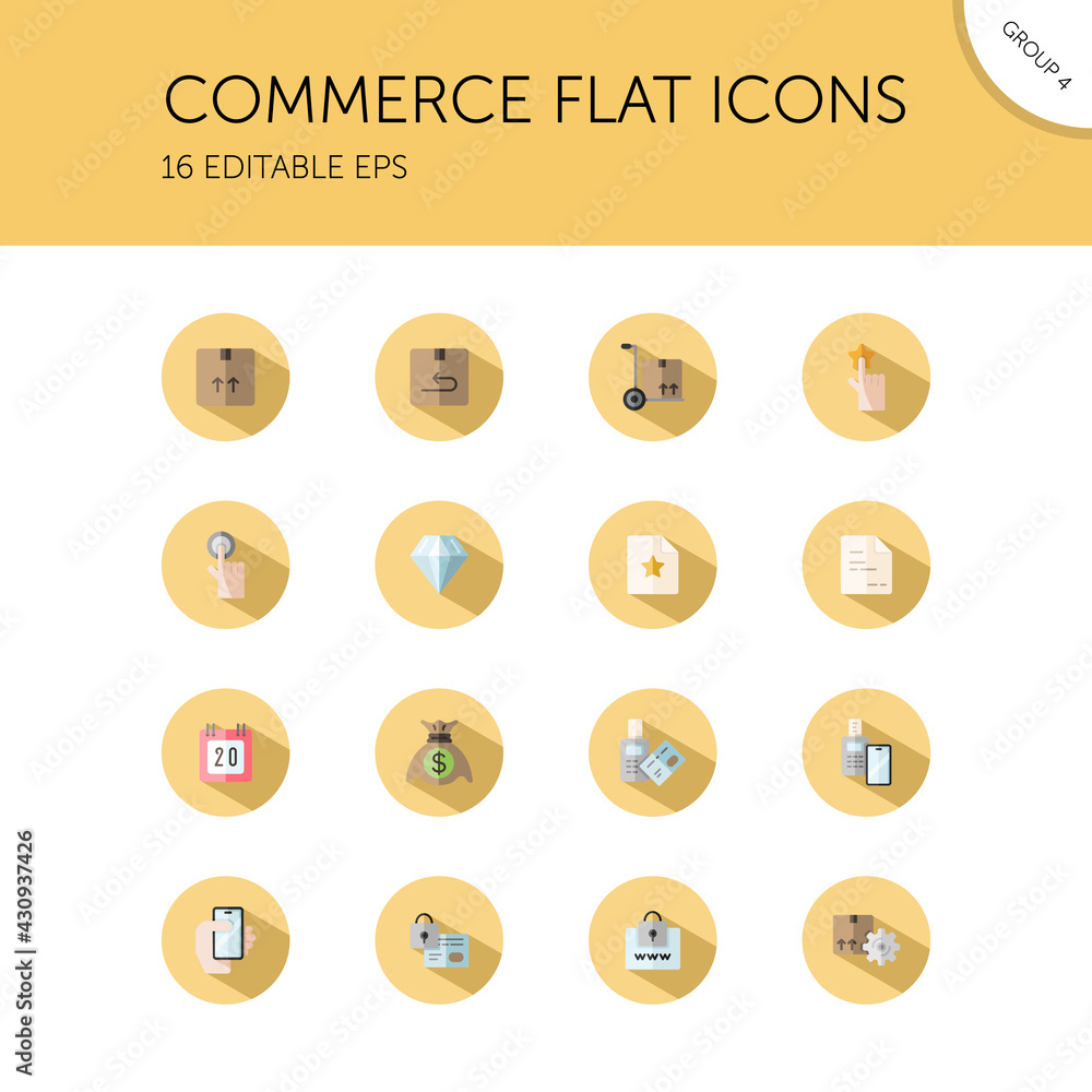 Commerce. Box, diamond, hand, swiping machine, security, money and calendar group. Isolated icon set in a circle. Flat vector illustration Commerce. Box, diamond, hand, swiping machine, security, money and calendar group. Isolated icon set in a circle. Flat vector illustration