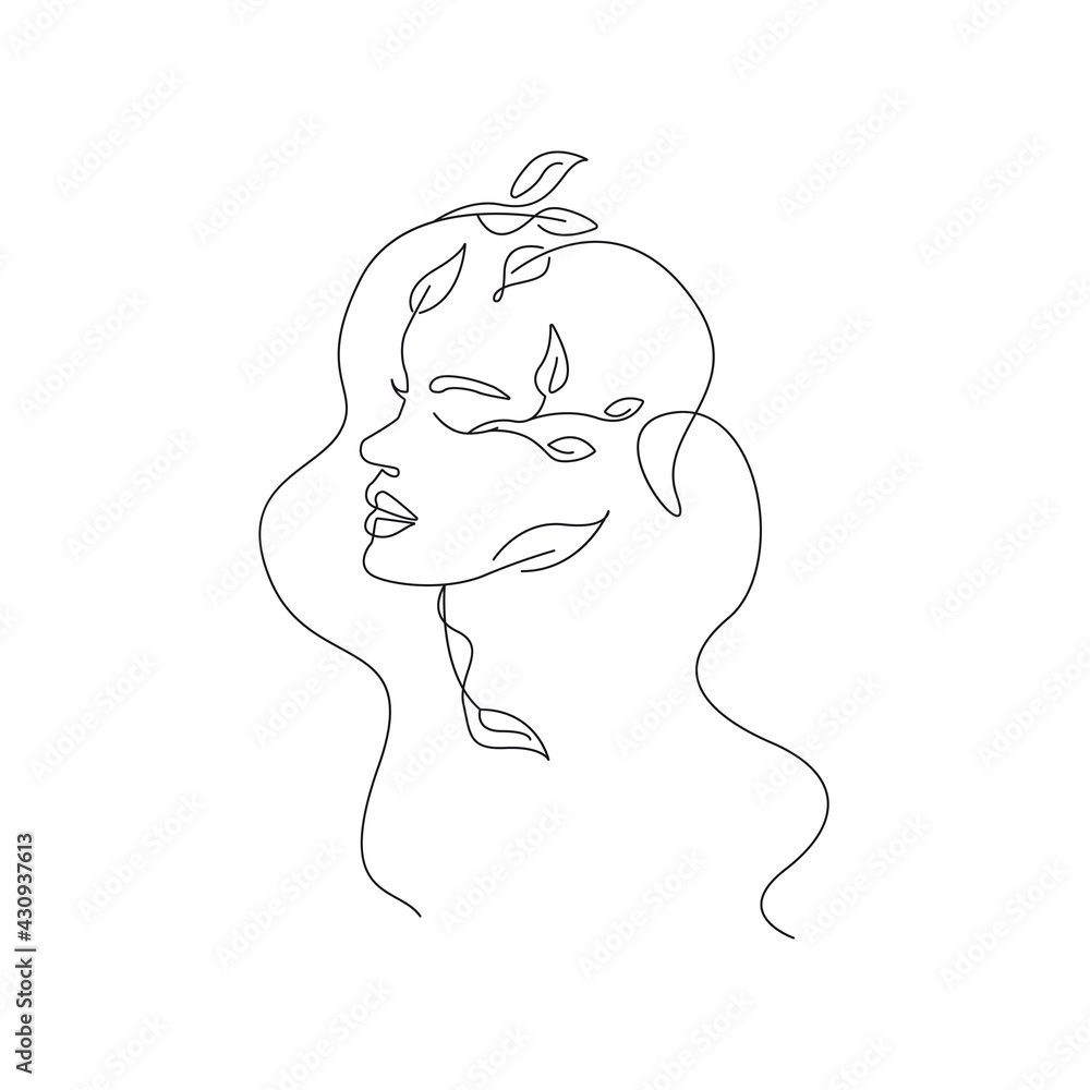 Woman Face with Leaves One Line Drawing. Continuous Line Woman and Leaves. Abstract Contemporary Design Template for Covers, t-Shirt Print, Postcard, Banner etc. Vector EPS 10. Woman Face with Leaves One Line Drawing. Continuous Line Woman and Leaves. Abstract Contemporary Design Template for Covers, t-Shirt Print, Postcard, Banner etc. Vector EPS 10.