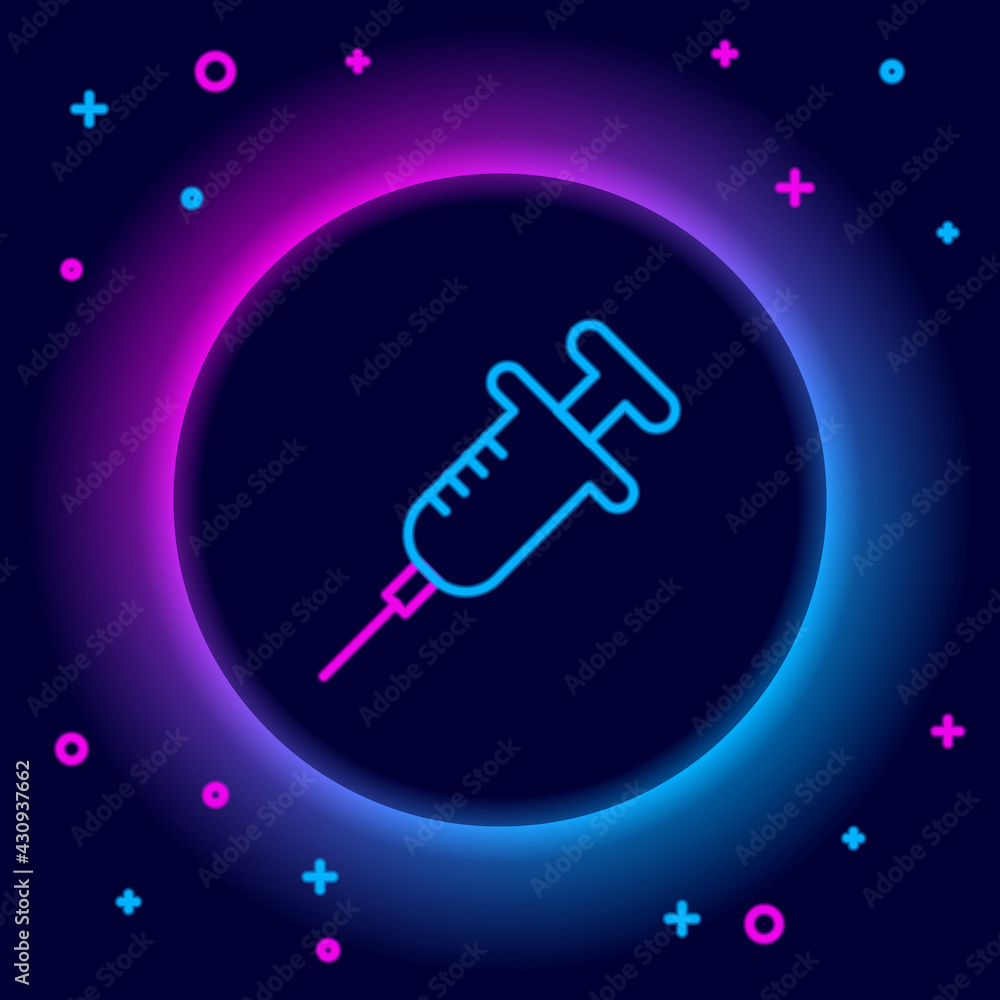 Glowing neon line Syringe icon isolated on black background. Syringe for vaccine, vaccination, injection, flu shot. Medical equipment. Colorful outline concept. Vector Glowing neon line Syringe icon isolated on black background. Syringe for vaccine, vaccination, injection, flu shot. Medical equipment. Colorful outline concept. Vector