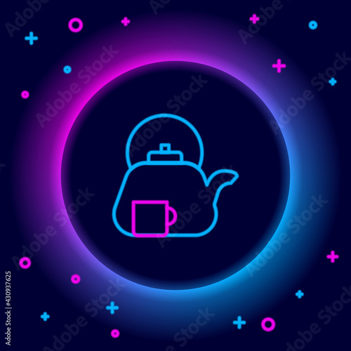 Glowing neon line Traditional tea ceremony icon isolated on black background. Teapot with cup. Colorful outline concept. Vector