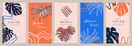 Cover templates vector set. Social media background design with floral and hand drawn organic shapes textures. Abstract minimal trendy style wallpaper. Vector illustration.