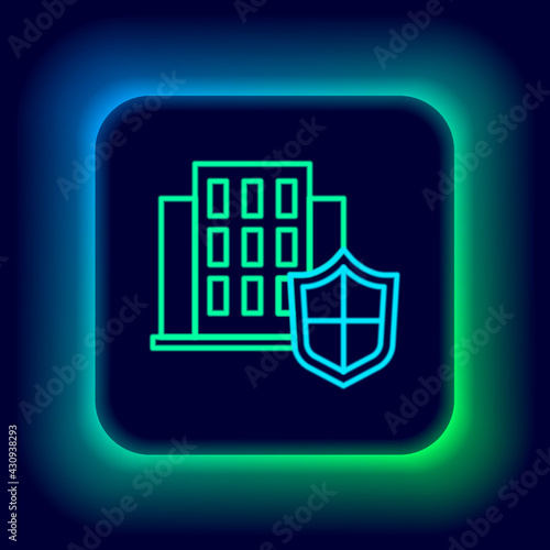 Glowing neon line House with shield icon isolated on black background. Insurance concept. Security, safety, protection, protect concept. Colorful outline concept. Vector