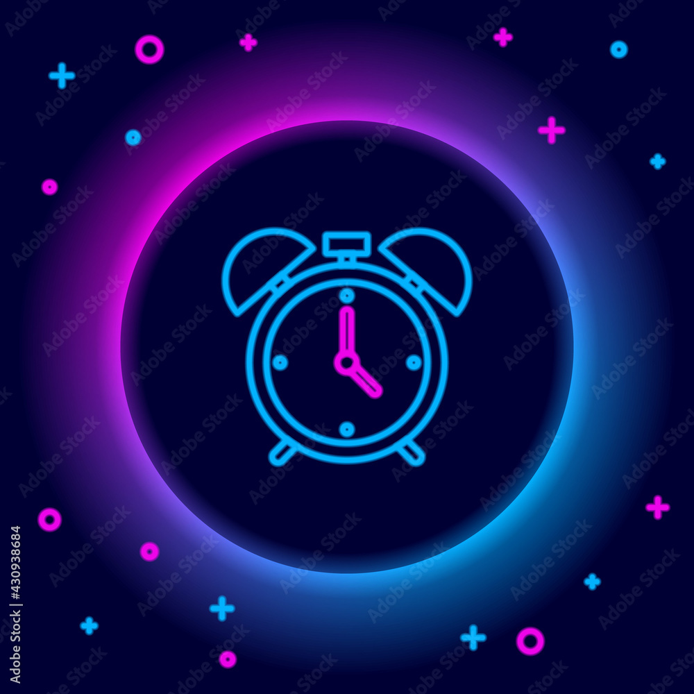 Glowing neon line Alarm clock icon isolated on black background. Wake up, get up concept. Time sign. Colorful outline concept. Vector Glowing neon line Alarm clock icon isolated on black background. Wake up, get up concept. Time sign. Colorful outline concept. Vector