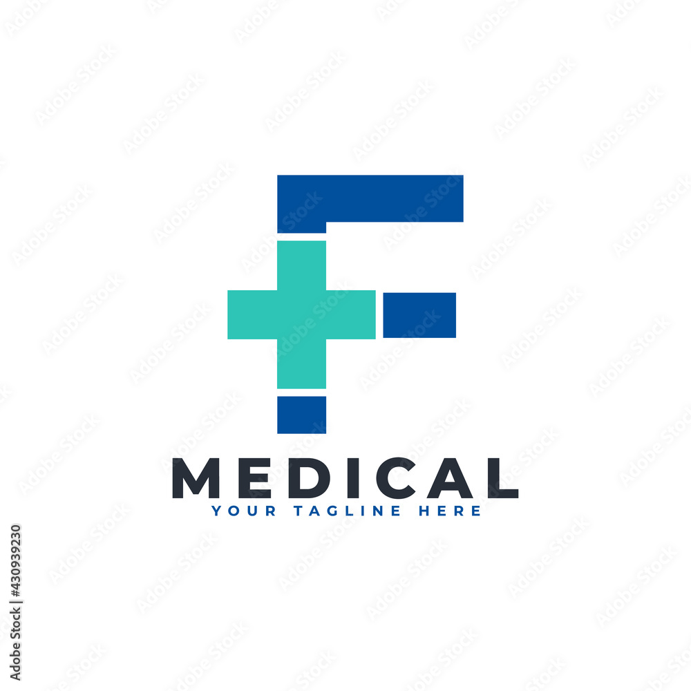 Fototapeta premium Letter F cross plus logo. Usable for Business, Science, Healthcare, Medical, Hospital and Nature Logos.