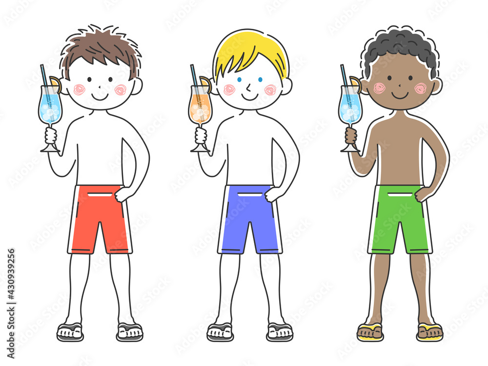 カクテルを持っている水着の男性のイラストセット カクテルを持っている水着の男性のイラストセット