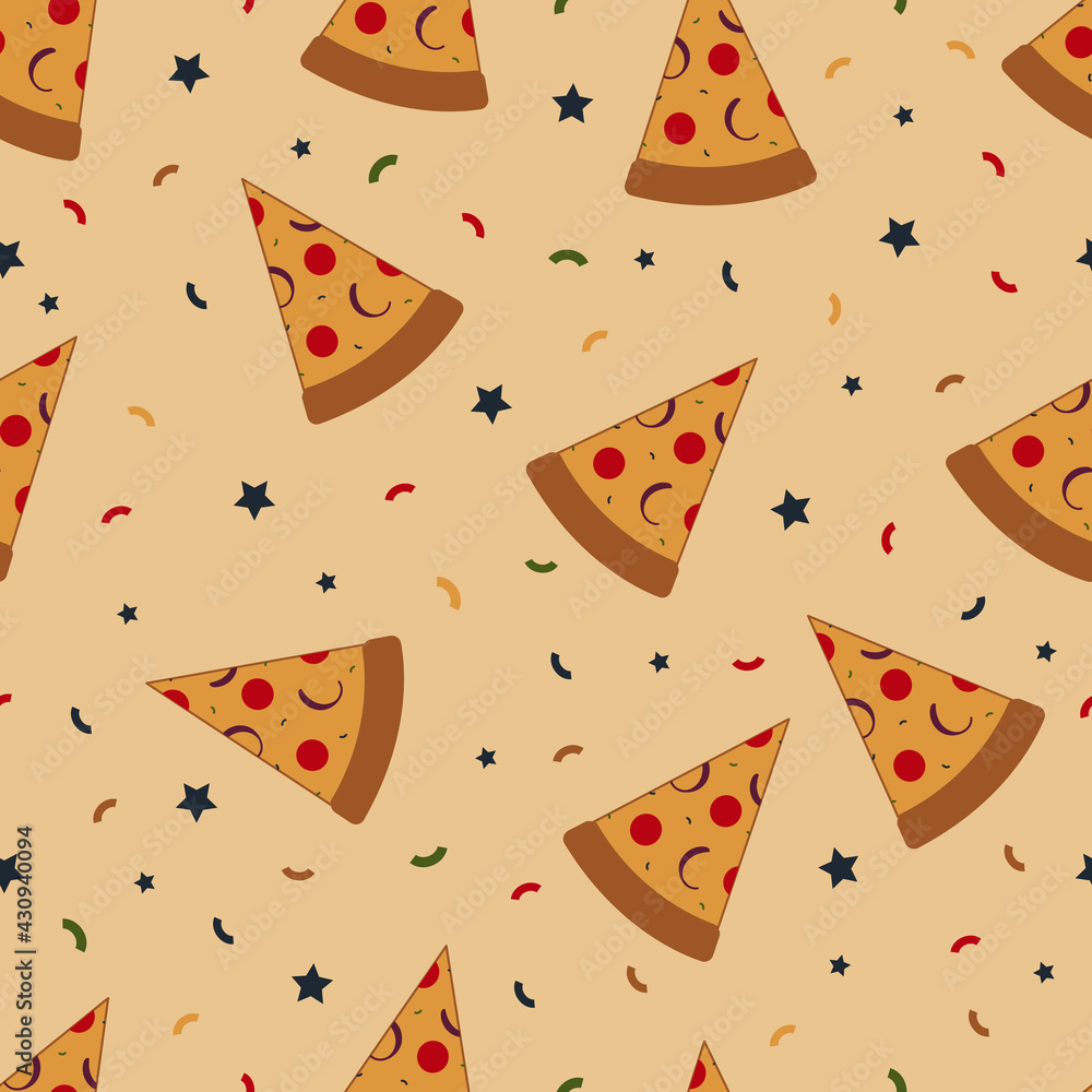 seamless pattern of pizza slices, stars and confetti, onions, pepperoni in a neutral light orange background, vector illustration seamless pattern of pizza slices, stars and confetti, onions, pepperoni in a neutral light orange background, vector illustration