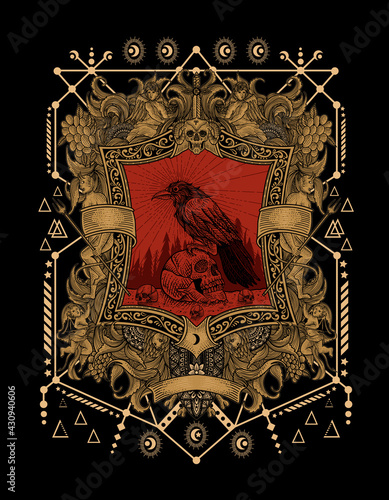 illustration vector gothic crow bird with skull on vintage engraving ornament