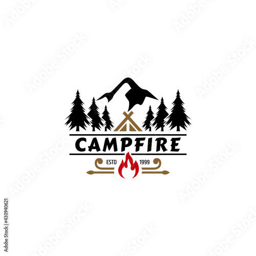 Vintage mountain campfire badge logo template ready for use