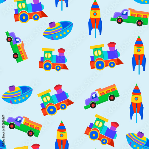 Seamless pattern of kids toys truck, rocket, ship, train. Vector cartoon illustration.