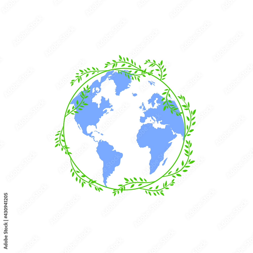Vector illustration of Earth map with floral frame, safe the Planet concept, green and blue illustration isolated on white background.
