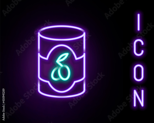 Glowing neon line Olives in can icon isolated on black background. Concept of canned food. Colorful outline concept. Vector