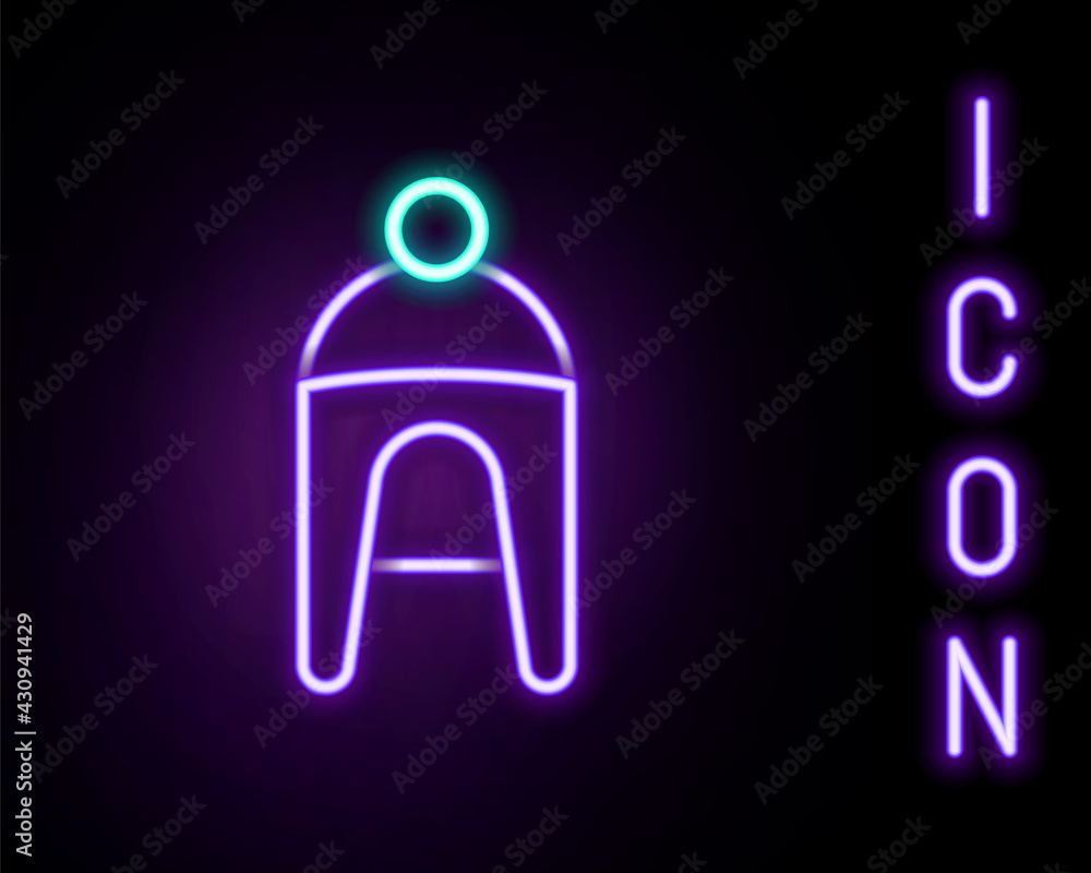 Glowing neon line Winter hat icon isolated on black background. Colorful outline concept. Vector Glowing neon line Winter hat icon isolated on black background. Colorful outline concept. Vector