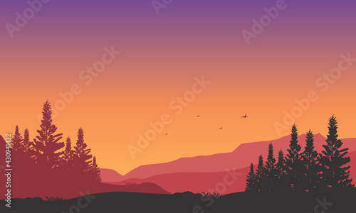 Realistic Mountain View with forest from the edge of town at dusk. Vector illustration © City