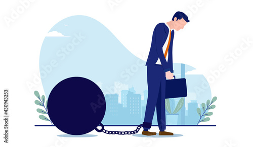 Business burden - Sad businessman feeling exhausted from overwork and problems. Vector illustration with white background.