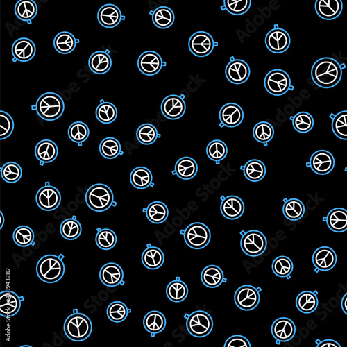 Line Peace icon isolated seamless pattern on black background. Hippie symbol of peace. Vector