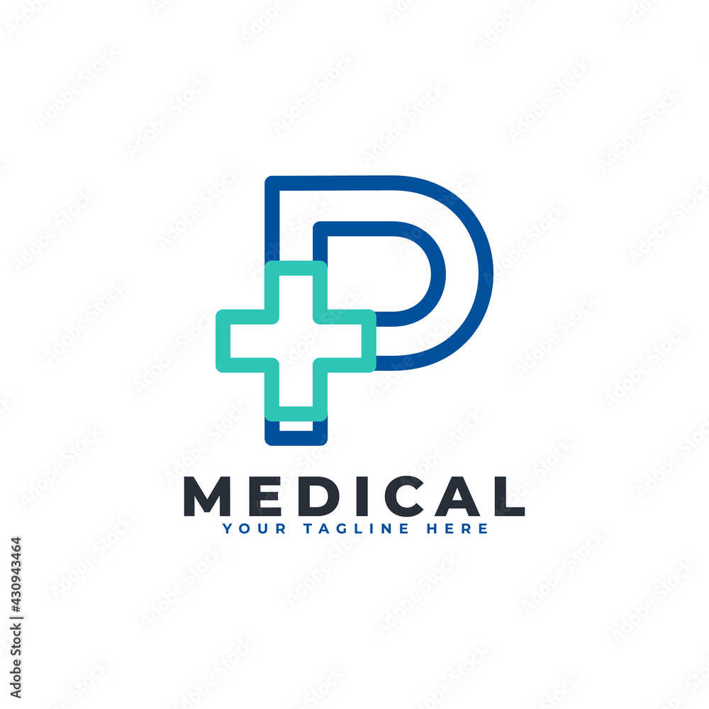 Fototapeta premium Letter P cross plus logo. Linear Style. Usable for Business, Science, Healthcare, Medical, Hospital and Nature Logos.