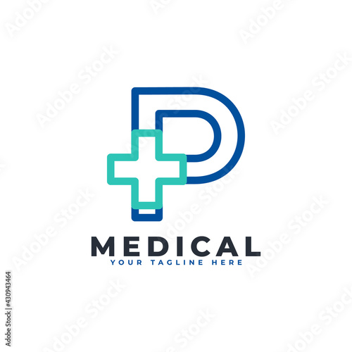 Letter P cross plus logo. Linear Style. Usable for Business, Science, Healthcare, Medical, Hospital and Nature Logos.