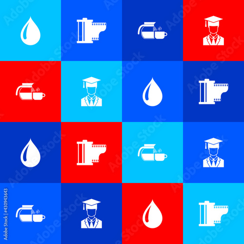Set Water drop, Camera film roll cartridge, Coffee pot with cup and Graduate graduation cap icon. Vector