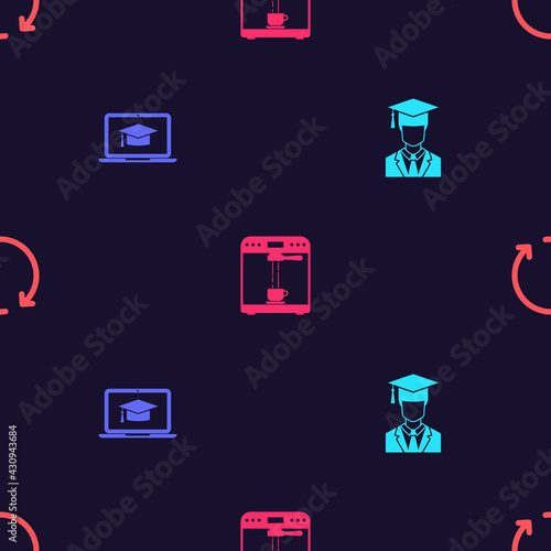 Set Graduate with graduation cap, Graduation laptop, Coffee machine and cup and Refresh on seamless pattern. Vector