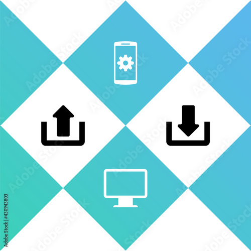 Set Upload, Computer monitor screen, Setting smartphone and Download icon. Vector