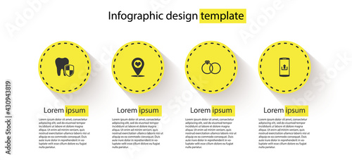 Set Dental protection, Map pointer with heart, Wedding rings and Smartphone upload. Business infographic template. Vector