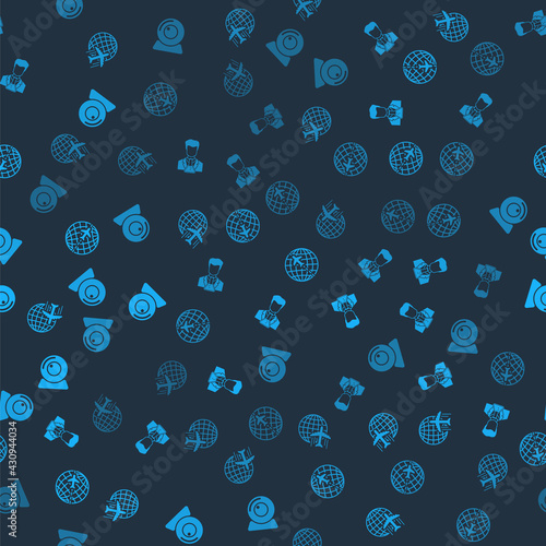 Set Globe with flying plane, Scientist and test tube, and Web camera on seamless pattern. Vector