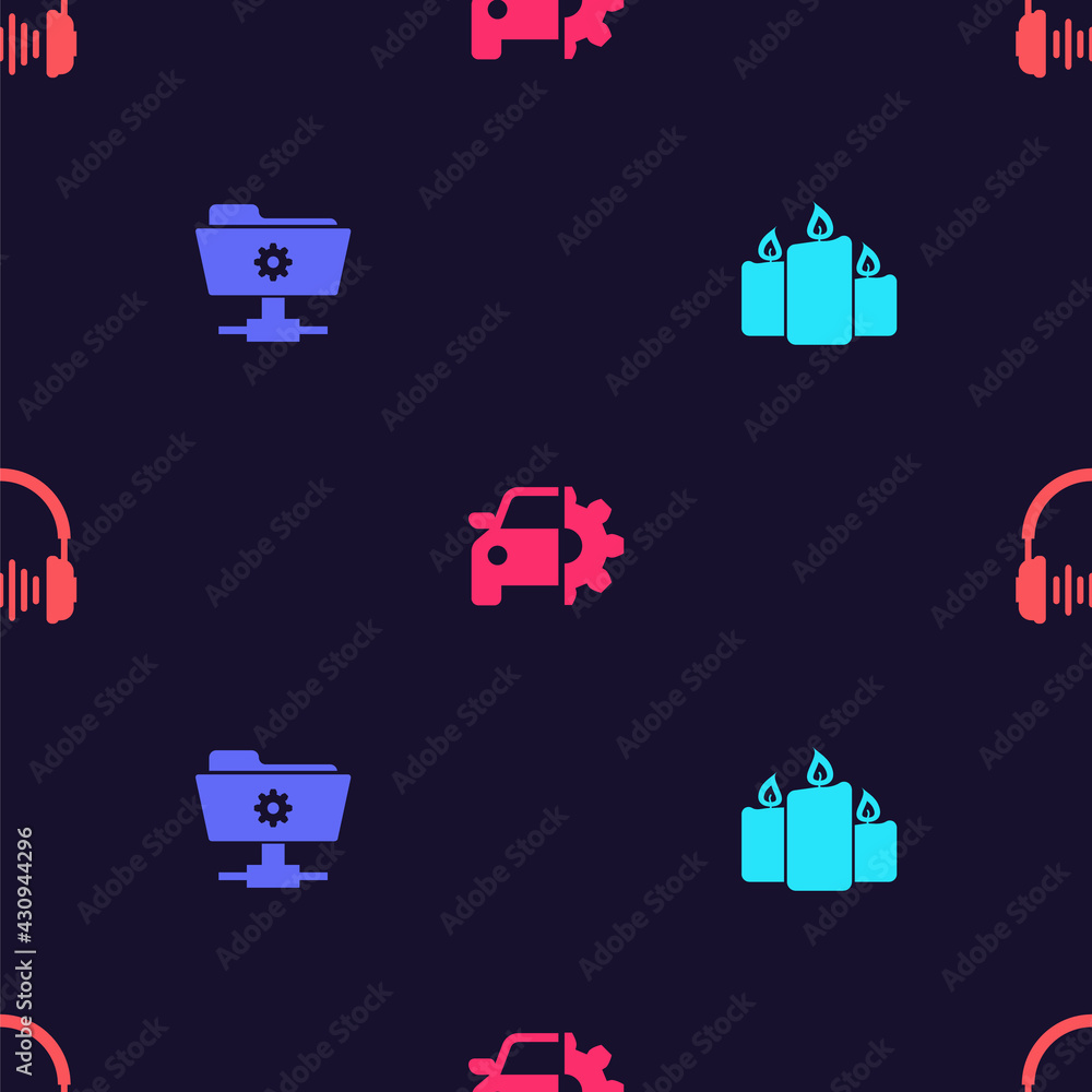 Set Burning candles, FTP settings folder, Car service and Headphone sound waves on seamless pattern. Vector Set Burning candles, FTP settings folder, Car service and Headphone sound waves on seamless pattern. Vector