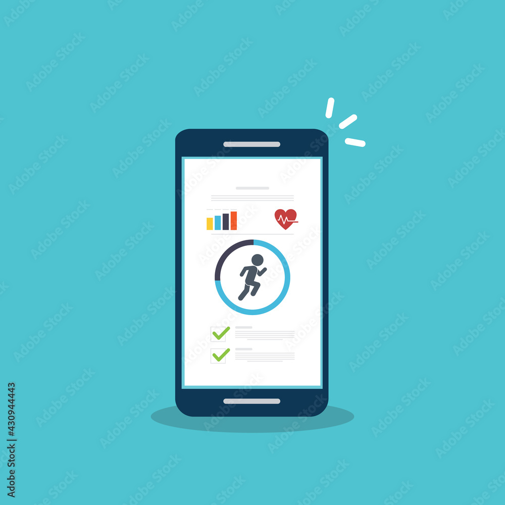 Fitness tracker, fitness tracking app on mobile phone screen. Fitness tracker, fitness tracking app on mobile phone screen.