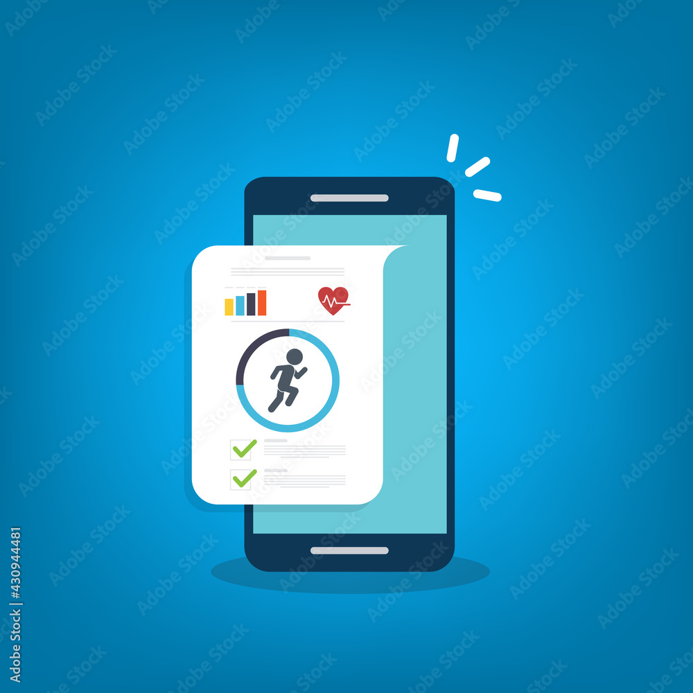 Fitness tracker, fitness tracking app on mobile phone screen. Fitness tracker, fitness tracking app on mobile phone screen.