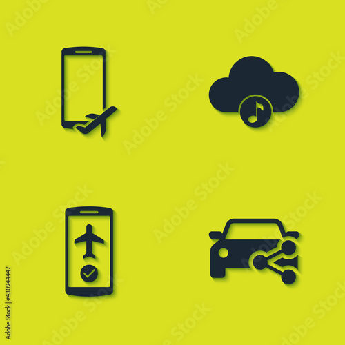 Set Flight mode in the mobile, Car sharing, and Music streaming service icon. Vector