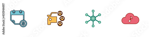 Set Financial calendar, Car sharing, Network and Music streaming service icon. Vector