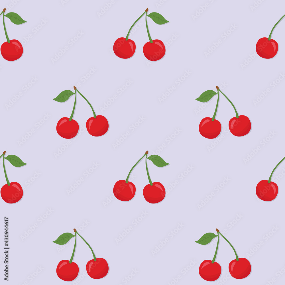 Seamless vector pattern with bright cherry on a grey background. Suitable for the design of textile fabric, wrapping paper, and wallpaper for websites. Vector illustration. Seamless vector pattern with bright cherry on a grey background. Suitable for the design of textile fabric, wrapping paper, and wallpaper for websites. Vector illustration.